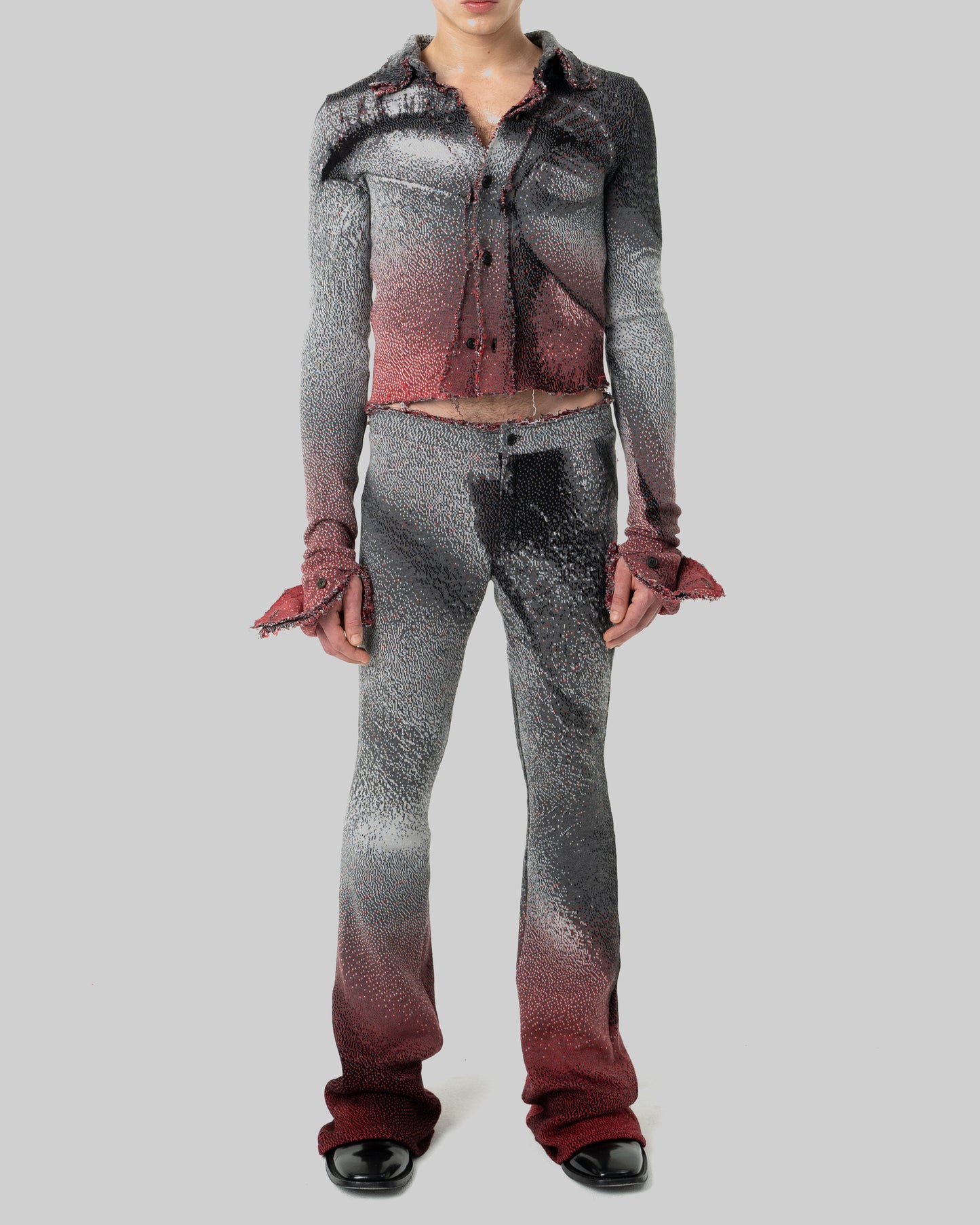 grey distressed knit button down