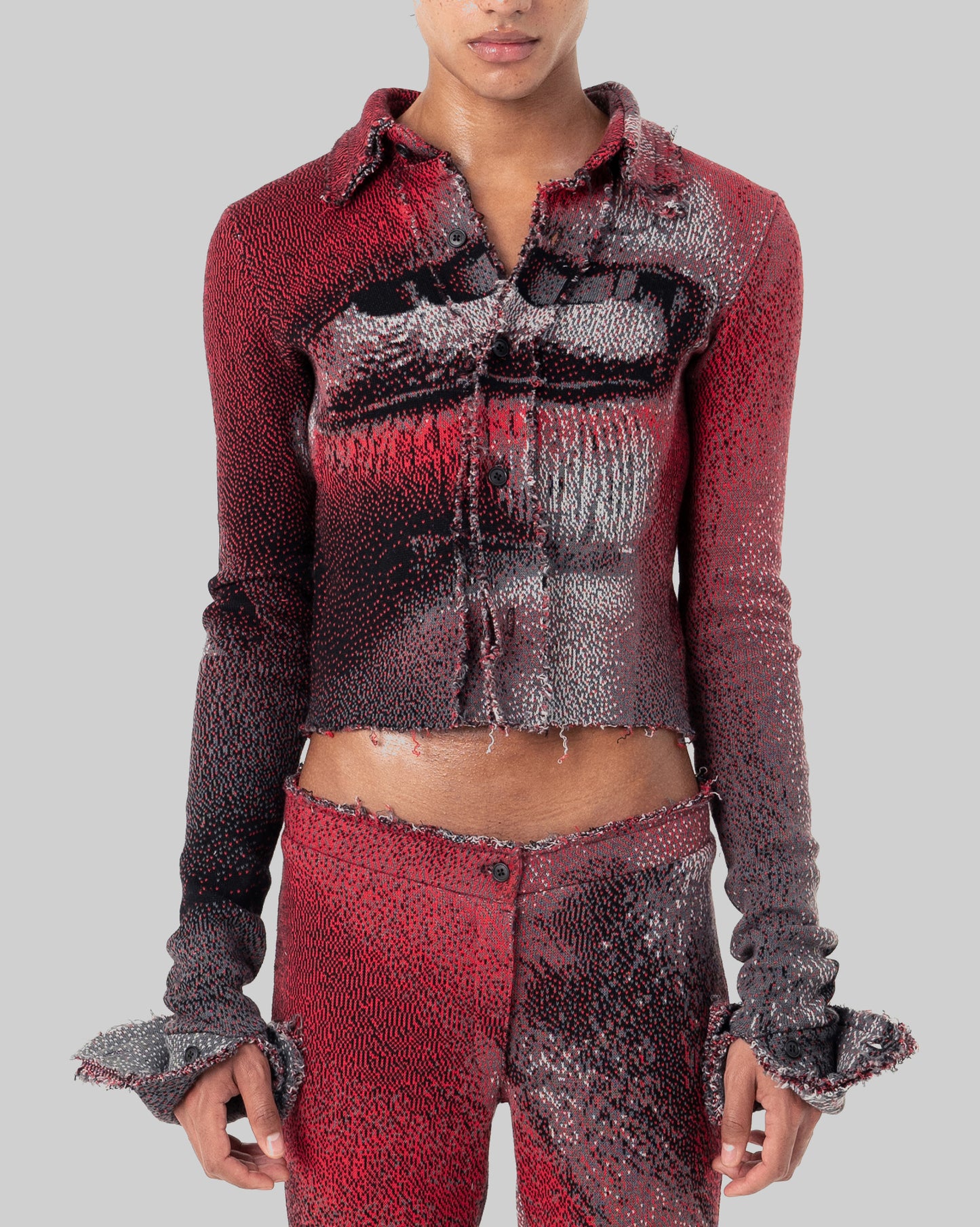 red distressed knit button down