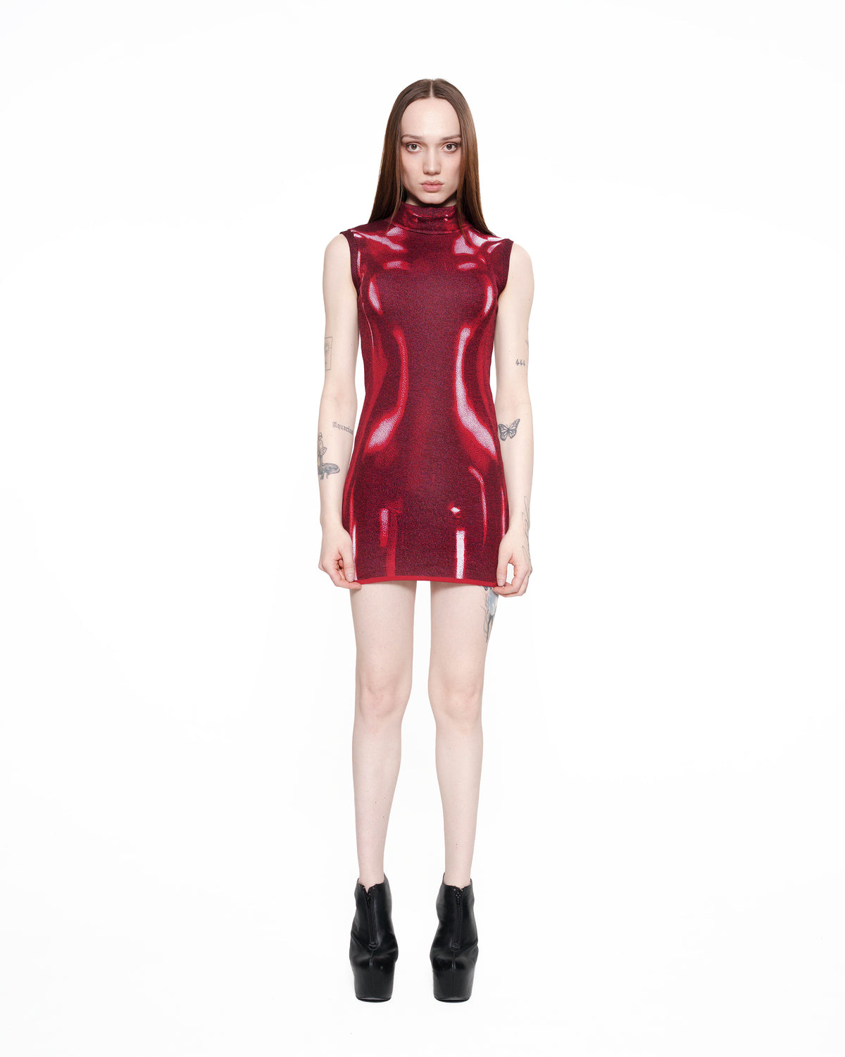 LATEX fine knit mini dress RED