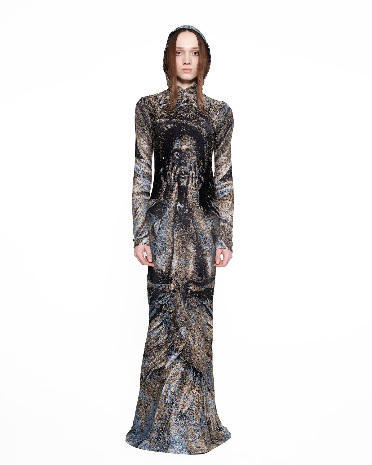 COVET fine knit hooded gown PATINA