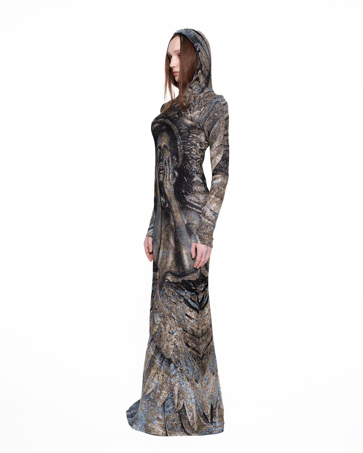 COVET fine knit hooded gown PATINA