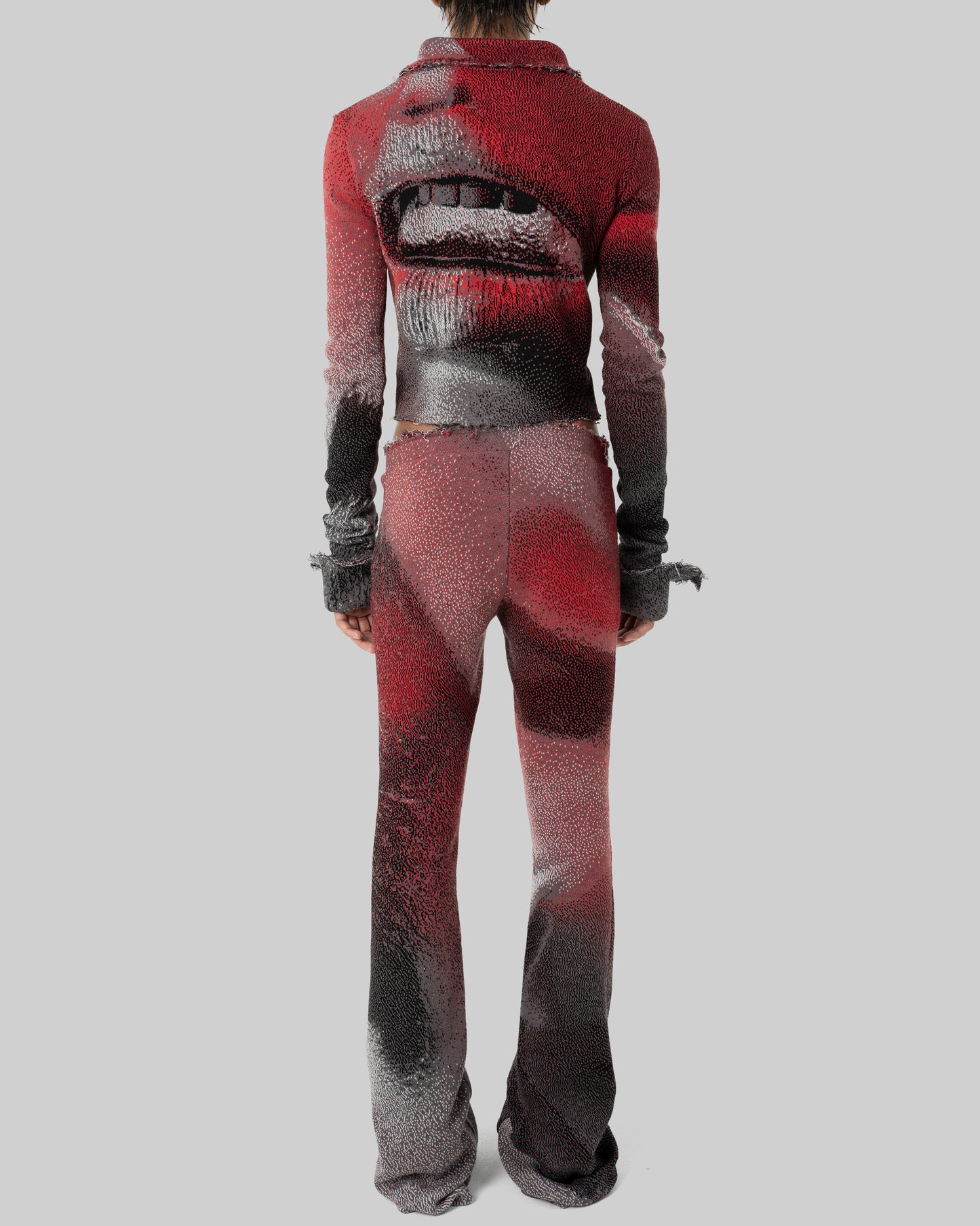 red distressed knit trousers