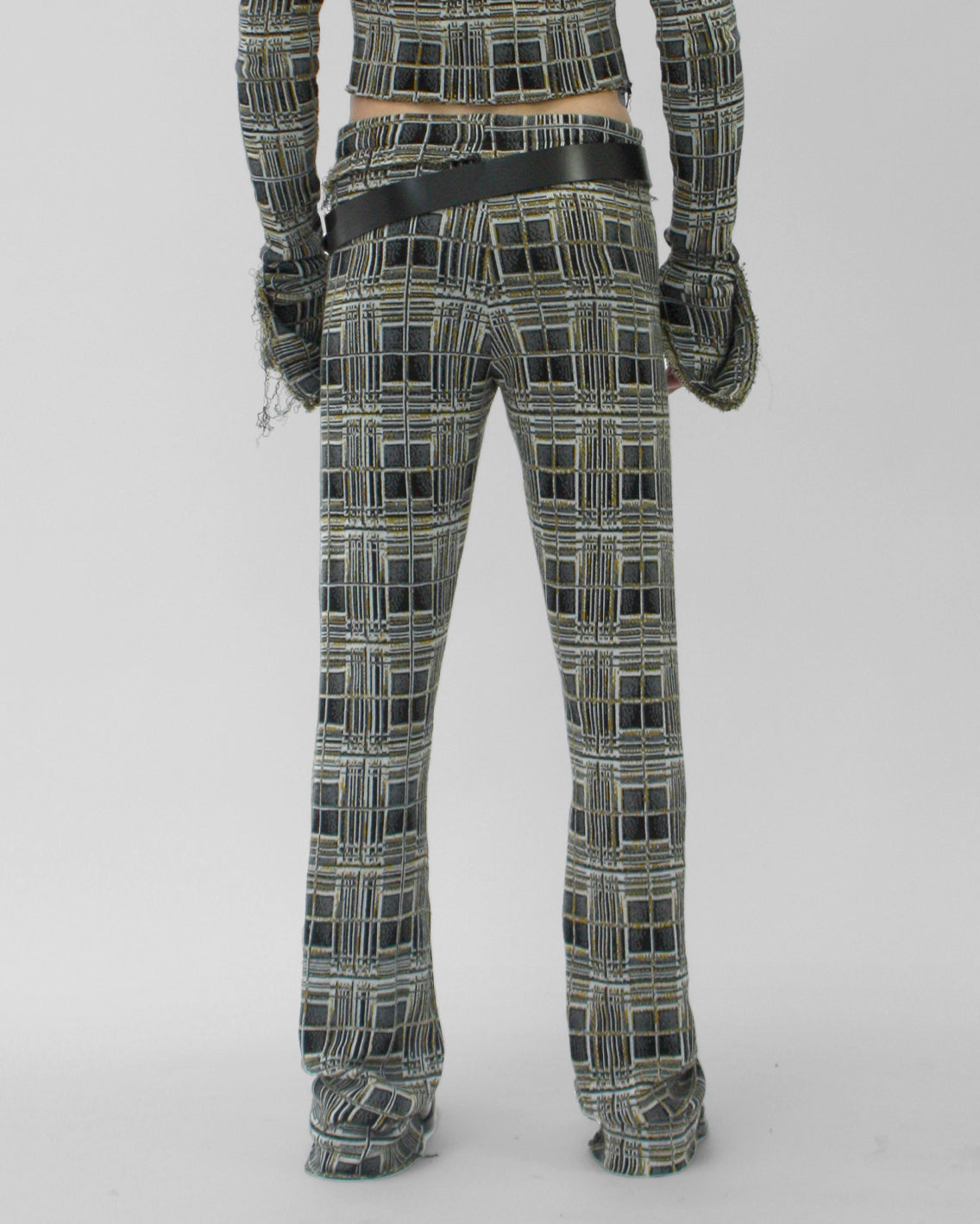 3d plaid distressed knit trousers