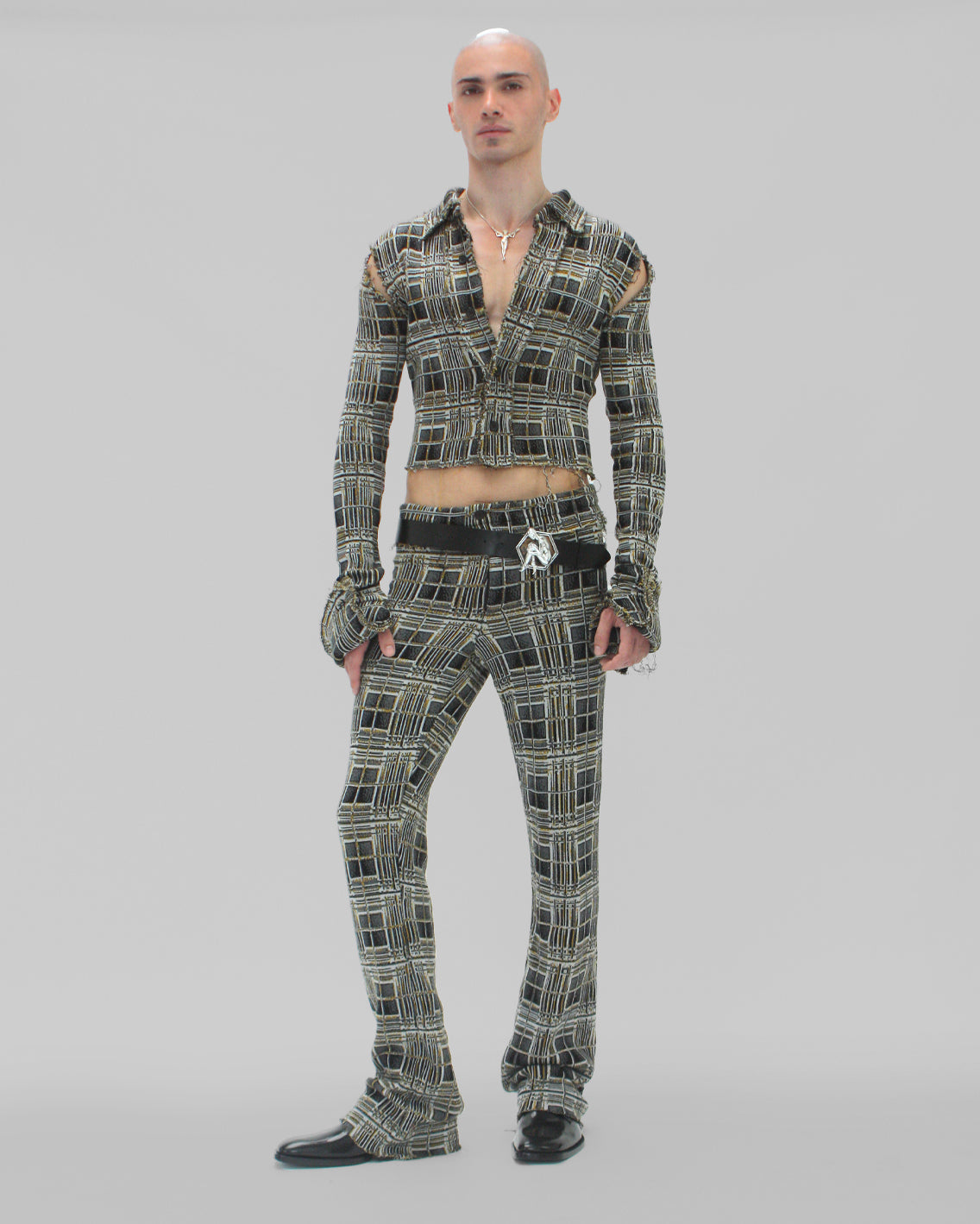 3d plaid distressed knit trousers